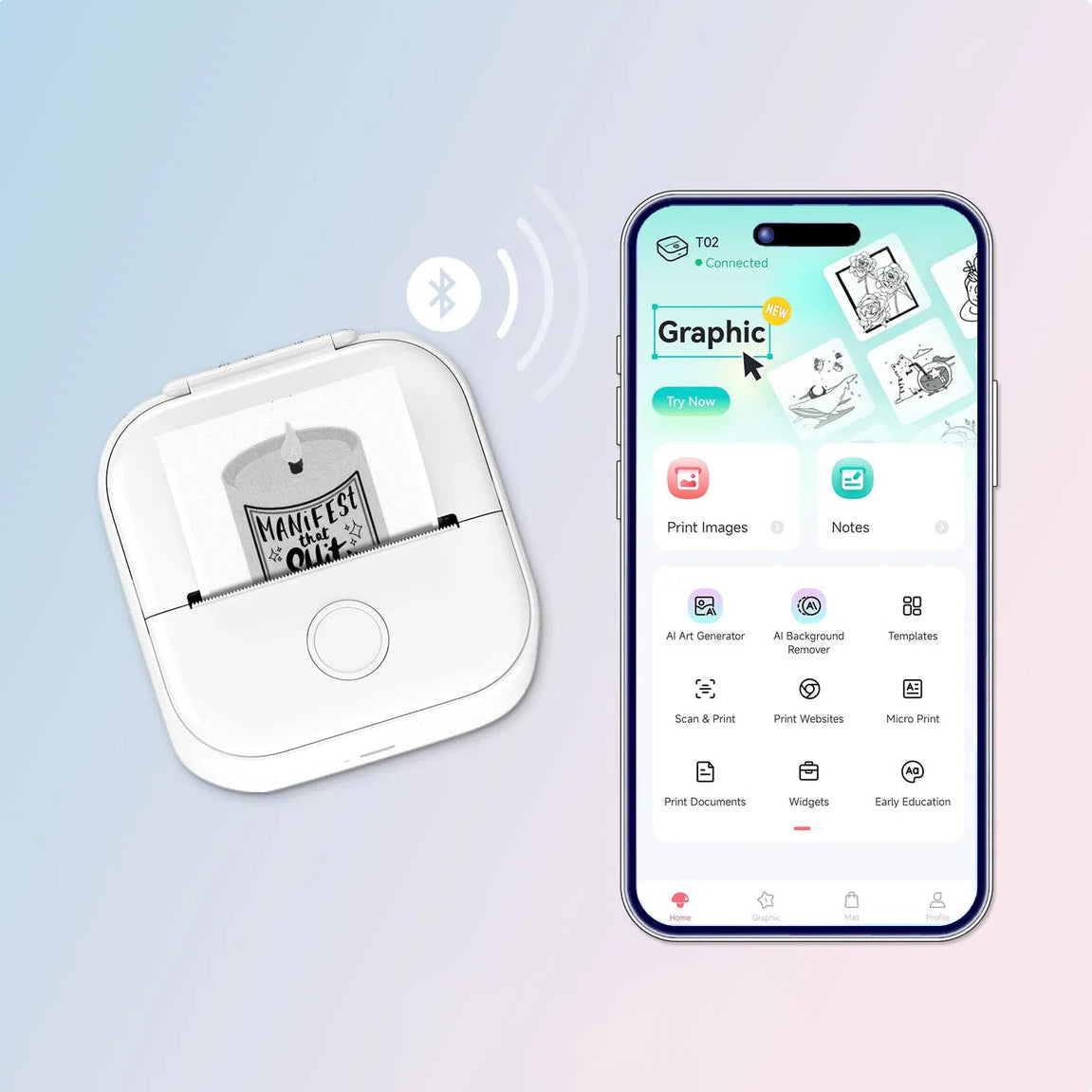 Pair in seconds. Print anywhere.